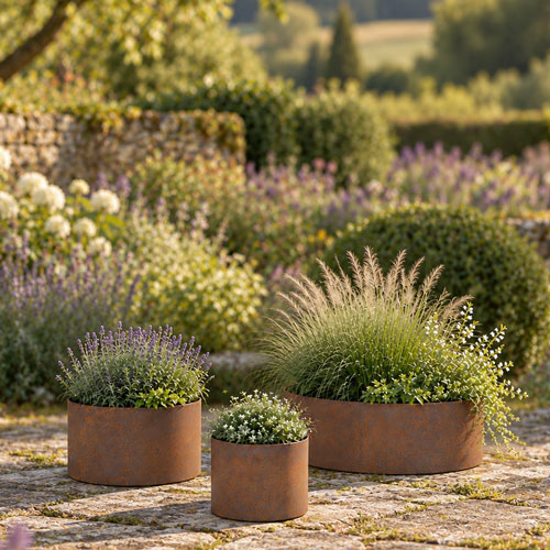 Set of 3 Raised Garden Planters Rust Metal Planting Rings 30cm, 40cm & 60cm Diameter
