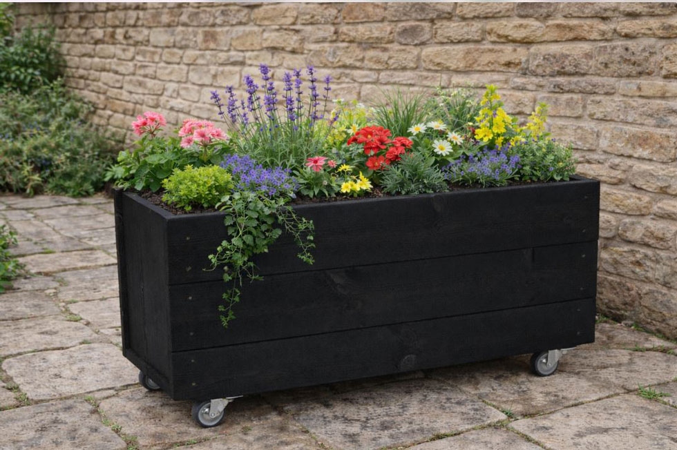 Mobile Patio Deep Wooden Black Planter with Casters 60cm