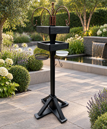Black Wooden Bird Tables Feeding Station 4 Arm Wild Bird Feeder Stand with Water Dish & Feeding Tray