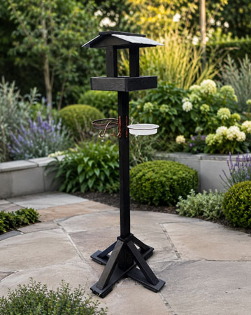 160cm Black Wooden Bird Feeding Station with Bird Bath Bowl, Mesh Food Tray & Hanging Feeder Hook