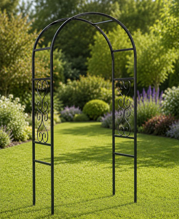 Black Metal Garden Arch with Decorative Scrollwork 226 cm H x 110 cm W x 40 cm D